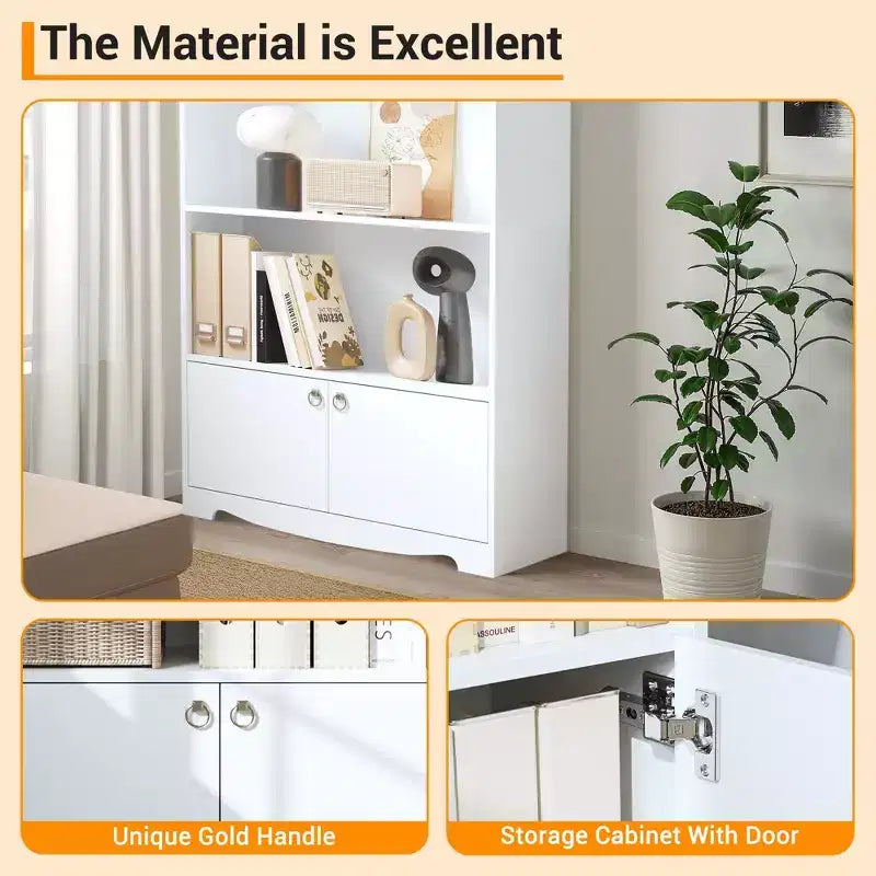 5 Tier Bookcase with Doors, 63 in Tall Modern White Bookshelf with Cabinets, Wood Book Shelf Display Cabinet for Bedroom, Living Room, Office