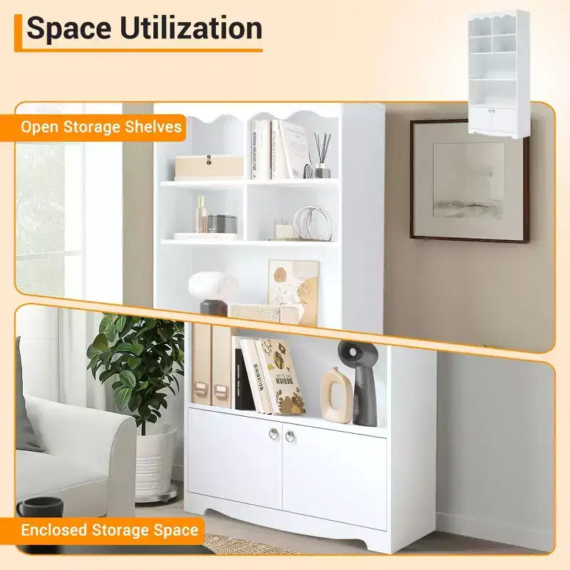 5 Tier Bookcase with Doors, 63 in Tall Modern White Bookshelf with Cabinets, Wood Book Shelf Display Cabinet for Bedroom, Living Room, Office
