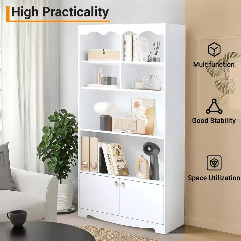 5 Tier Bookcase with Doors, 63 in Tall Modern White Bookshelf with Cabinets, Wood Book Shelf Display Cabinet for Bedroom, Living Room, Office