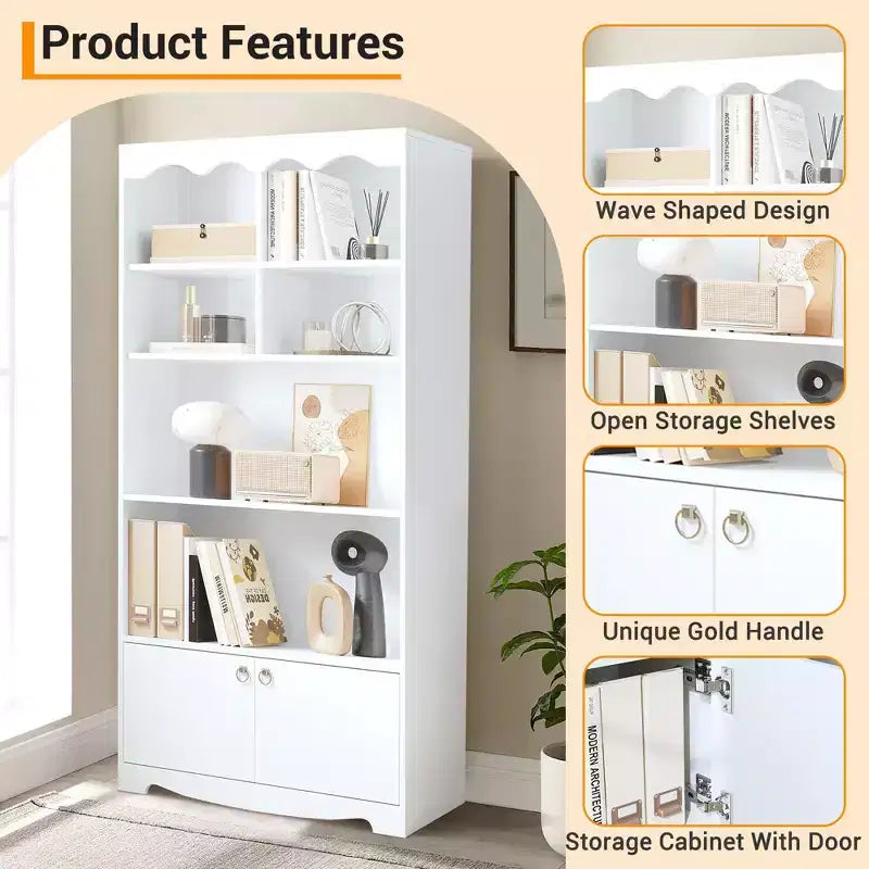 5 Tier Bookcase with Doors, 63 in Tall Modern White Bookshelf with Cabinets, Wood Book Shelf Display Cabinet for Bedroom, Living Room, Office