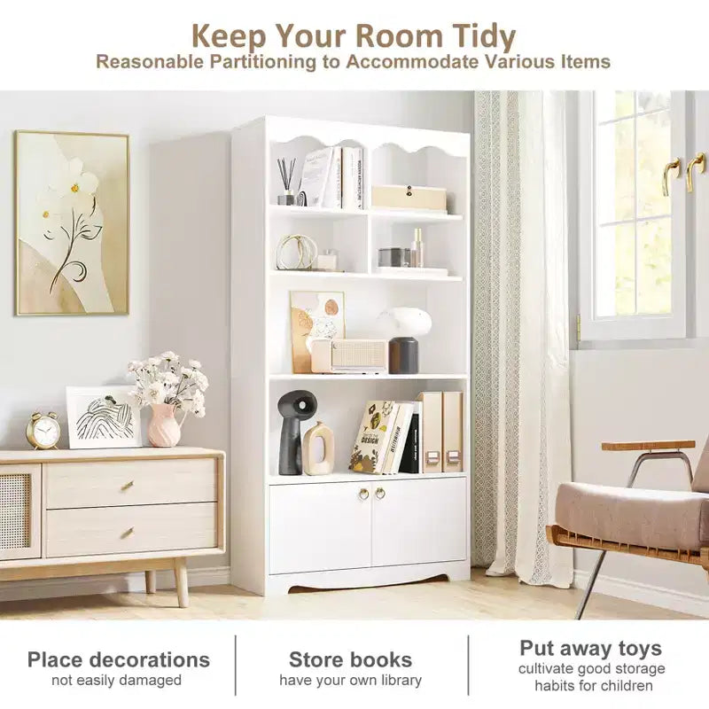 5 Tier Bookcase with Doors, 63 in Tall Modern White Bookshelf with Cabinets, Wood Book Shelf Display Cabinet for Bedroom, Living Room, Office