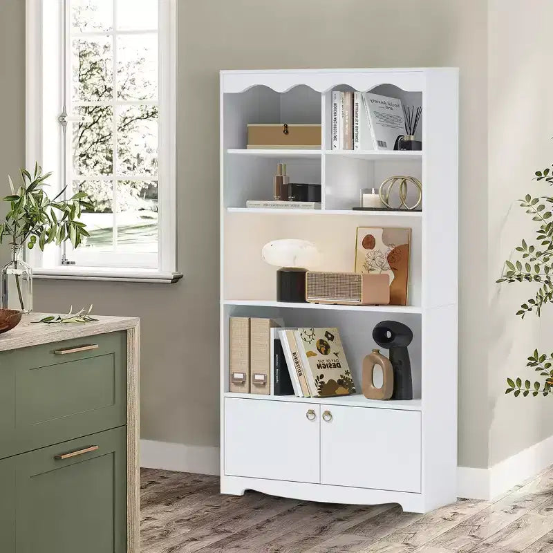 5 Tier Bookcase with Doors, 63 in Tall Modern White Bookshelf with Cabinets, Wood Book Shelf Display Cabinet for Bedroom, Living Room, Office
