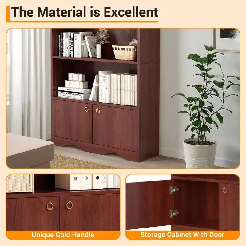 5 Tier Bookcase with Doors, 63 in Tall Modern White Bookshelf with Cabinets, Wood Book Shelf Display Cabinet for Bedroom, Living Room, Office