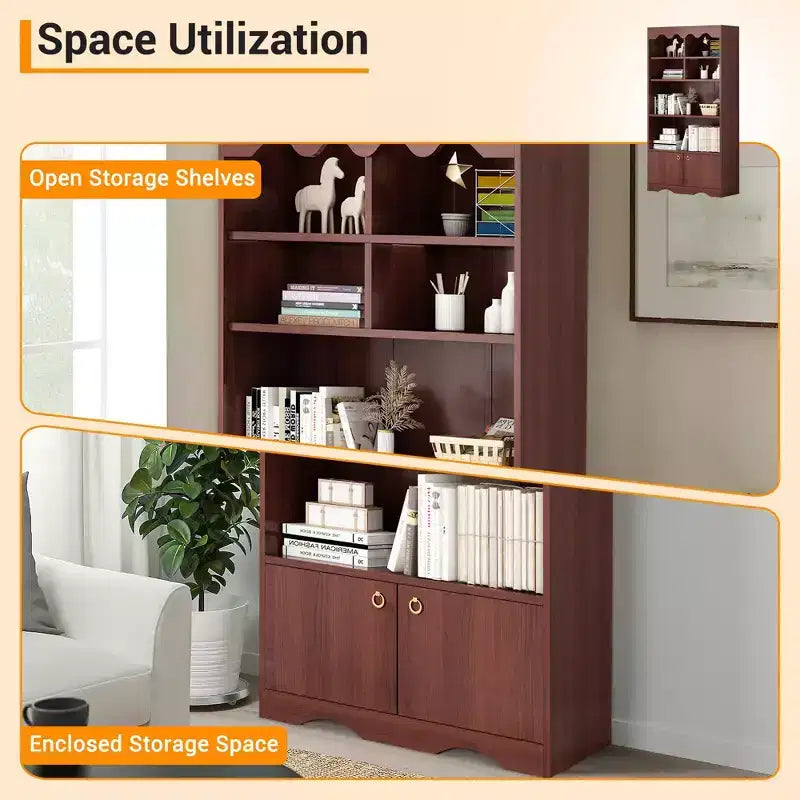 5 Tier Bookcase with Doors, 63 in Tall Modern White Bookshelf with Cabinets, Wood Book Shelf Display Cabinet for Bedroom, Living Room, Office