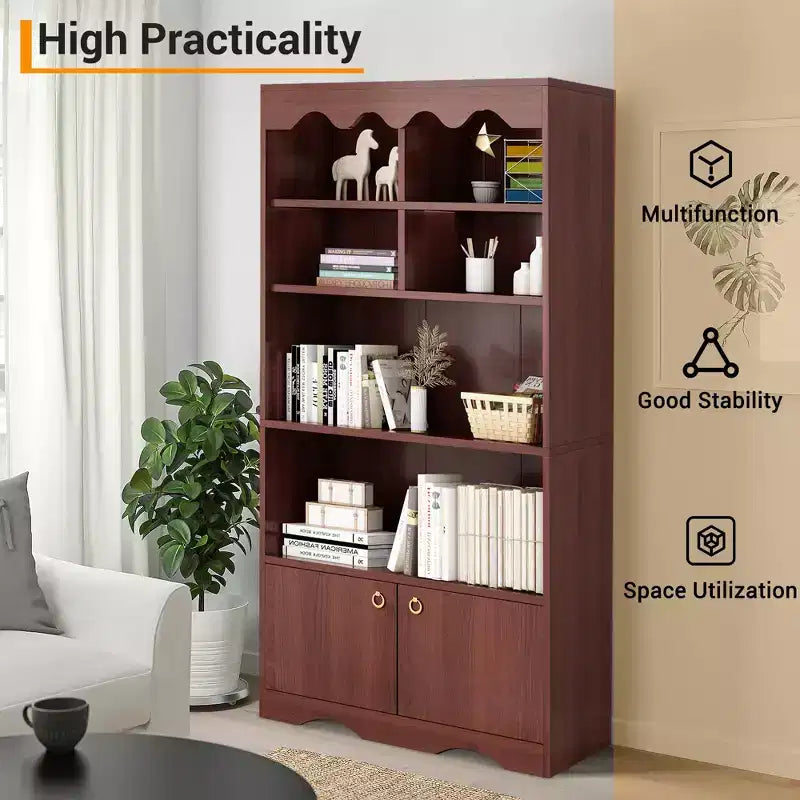 5 Tier Bookcase with Doors, 63 in Tall Modern White Bookshelf with Cabinets, Wood Book Shelf Display Cabinet for Bedroom, Living Room, Office