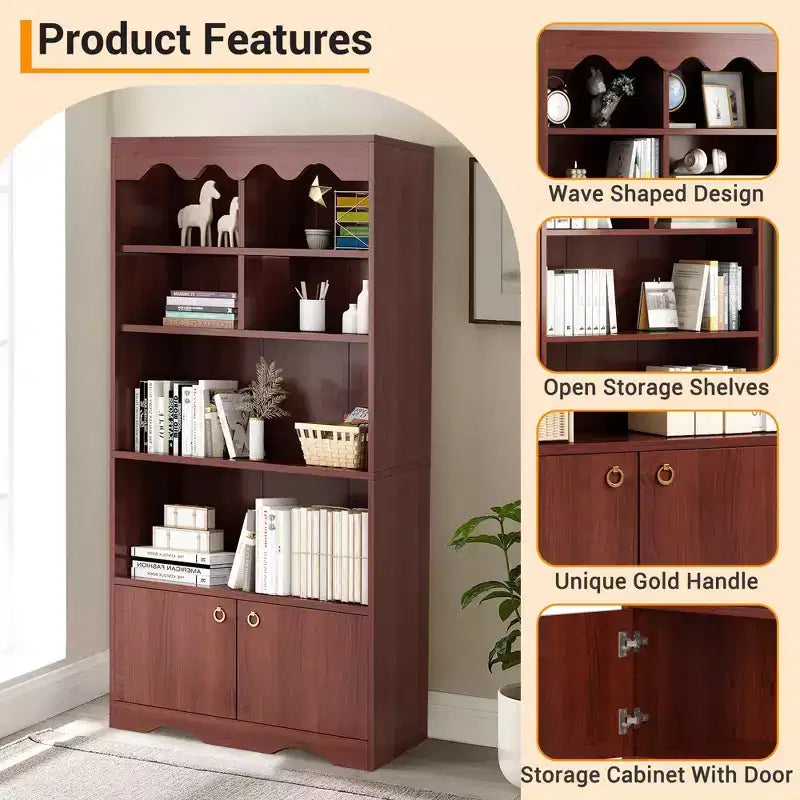 5 Tier Bookcase with Doors, 63 in Tall Modern White Bookshelf with Cabinets, Wood Book Shelf Display Cabinet for Bedroom, Living Room, Office