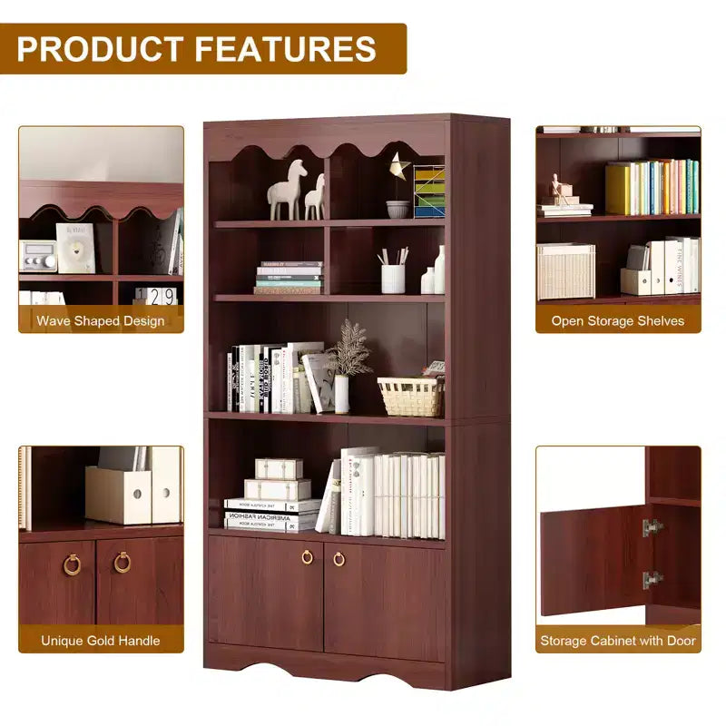 5 Tier Bookcase with Doors, 63 in Tall Modern White Bookshelf with Cabinets, Wood Book Shelf Display Cabinet for Bedroom, Living Room, Office