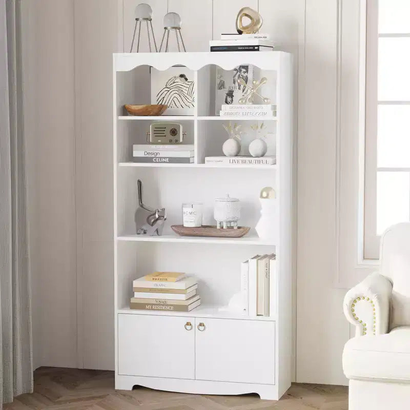 5 Tier Bookcase with Doors, 63 in Tall Modern White Bookshelf with Cabinets, Wood Book Shelf Display Cabinet for Bedroom, Living Room, Office