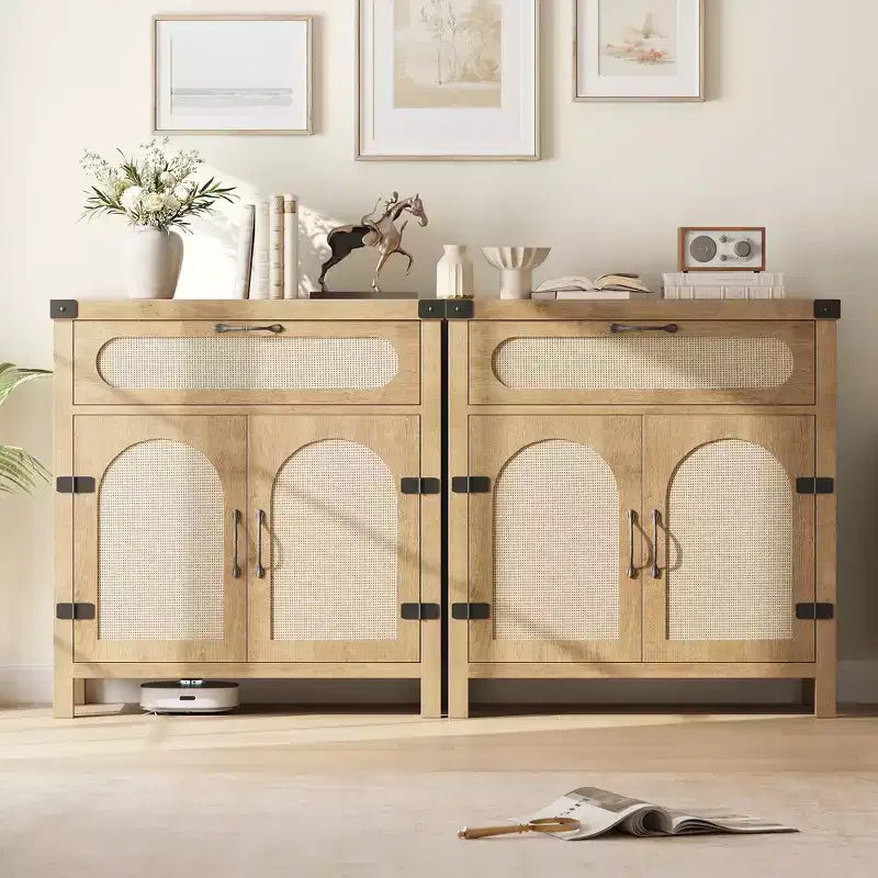 Rattan Accent Cabinet with Doors and Drawer, Boho Credenzas Buffet Table Console Coffee Bar Cabinets for Entryway Living Room,