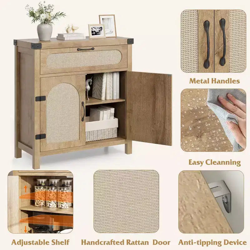 Rattan Accent Cabinet with Doors and Drawer, Boho Credenzas Buffet Table Console Coffee Bar Cabinets for Entryway Living Room,
