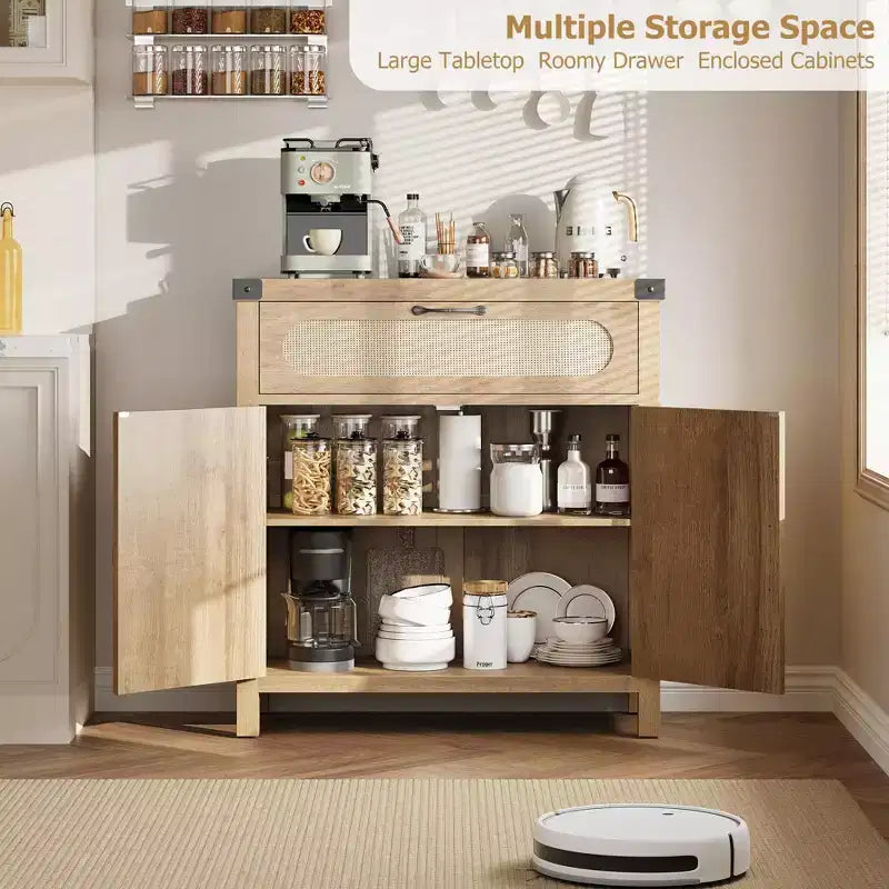 Rattan Accent Cabinet with Doors and Drawer, Boho Credenzas Buffet Table Console Coffee Bar Cabinets for Entryway Living Room,