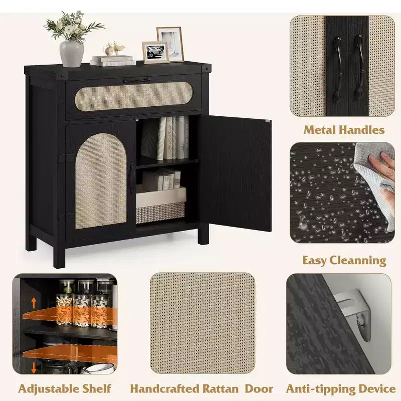 Rattan Accent Cabinet with Doors and Drawer, Boho Credenzas Buffet Table Console Coffee Bar Cabinets for Entryway Living Room,