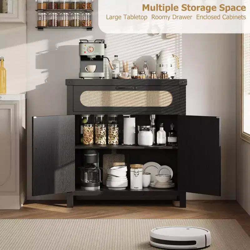 Rattan Accent Cabinet with Doors and Drawer, Boho Credenzas Buffet Table Console Coffee Bar Cabinets for Entryway Living Room,