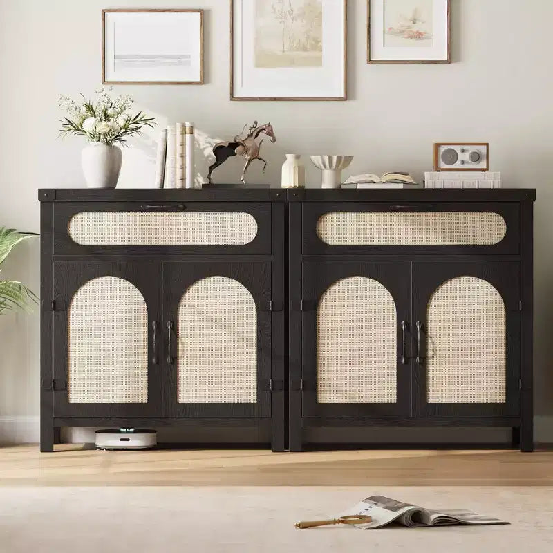 Rattan Accent Cabinet with Doors and Drawer, Boho Credenzas Buffet Table Console Coffee Bar Cabinets for Entryway Living Room,