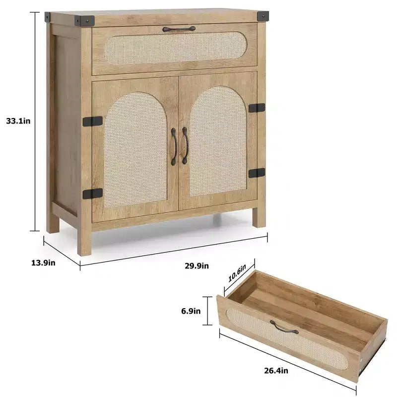 Rattan Accent Cabinet with Doors and Drawer, Boho Credenzas Buffet Table Console Coffee Bar Cabinets for Entryway Living Room,