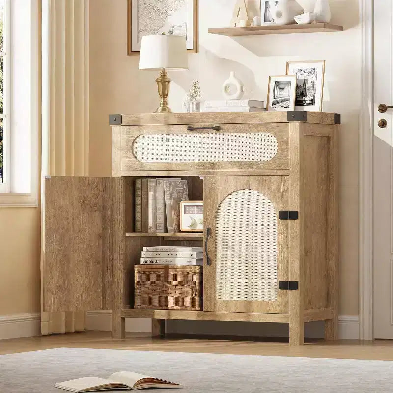 Rattan Accent Cabinet with Doors and Drawer, Boho Credenzas Buffet Table Console Coffee Bar Cabinets for Entryway Living Room,