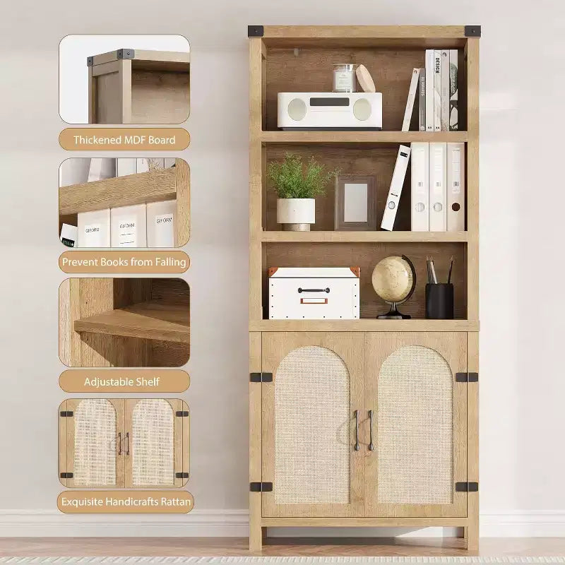 Extra Wide 70 Farmhouse Bookcase w/ Doors - 5-Tier Display Shelves & Storage for Office/Living Room/Library