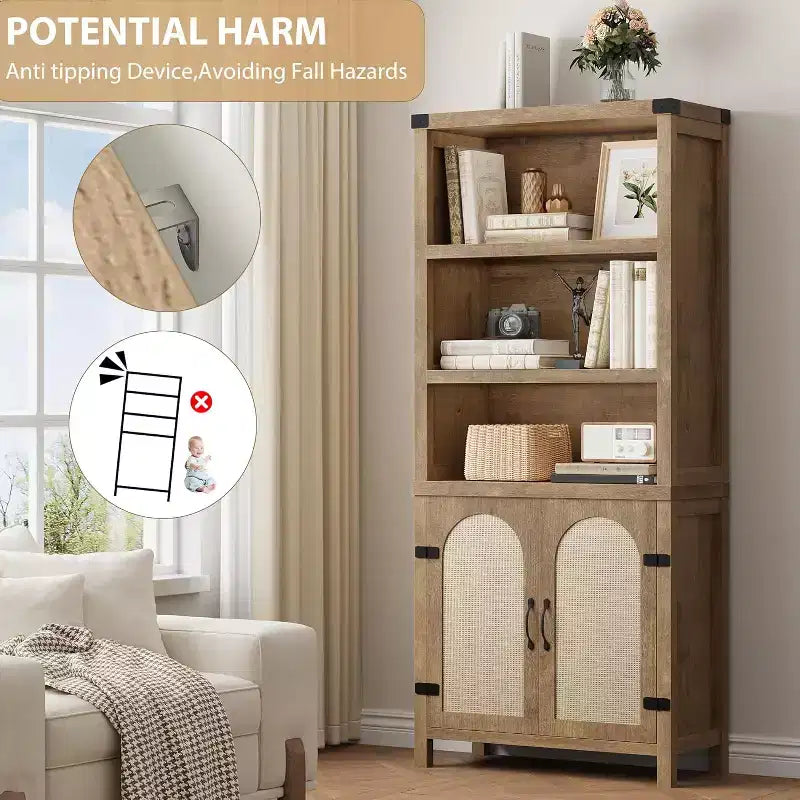 Extra Wide 70 Farmhouse Bookcase w/ Doors - 5-Tier Display Shelves & Storage for Office/Living Room/Library