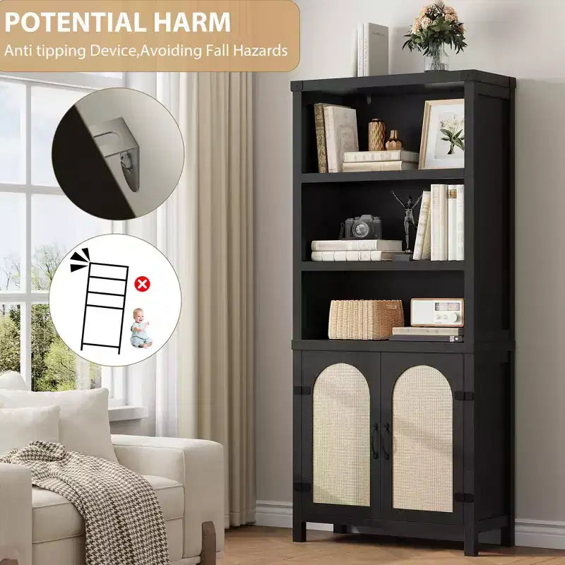 Extra Wide 70 Farmhouse Bookcase w/ Doors - 5-Tier Display Shelves & Storage for Office/Living Room/Library