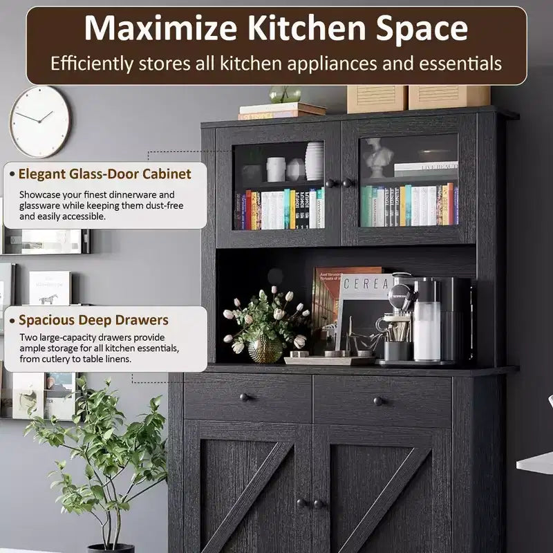 63 Kitchen Pantry Cabinet with Drawers,Hutch Cabinet with Storage,Microwave Stand,Adjustable Shelves,Freestanding Tall Pantry Storage for Dining Room