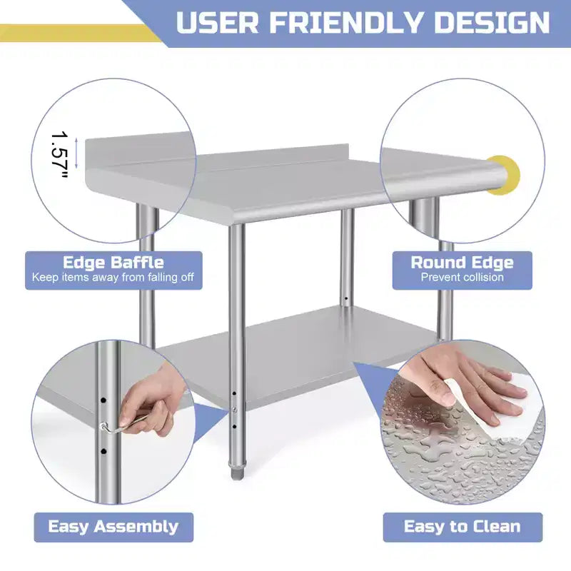 COZONY NSF Stainless Steel Table with Backsplash, Heavy Duty Commercial Kitchen Prep Table with Adjustable Under Shel