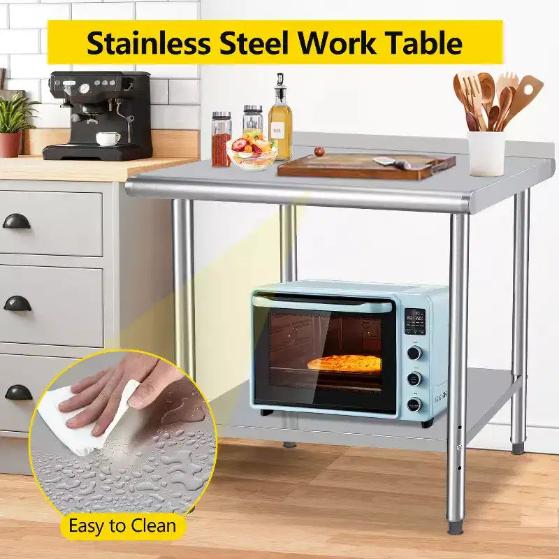 COZONY NSF Stainless Steel Table with Backsplash, Heavy Duty Commercial Kitchen Prep Table with Adjustable Under Shel