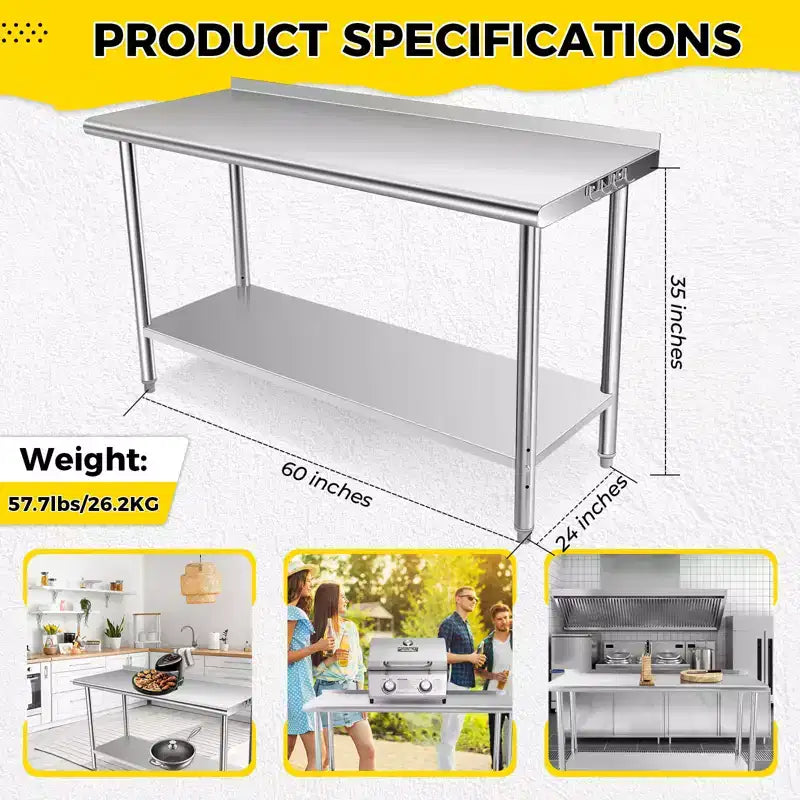 COZONY NSF Stainless Steel Table with Backsplash, Heavy Duty Commercial Kitchen Prep Table with Adjustable Under Shel