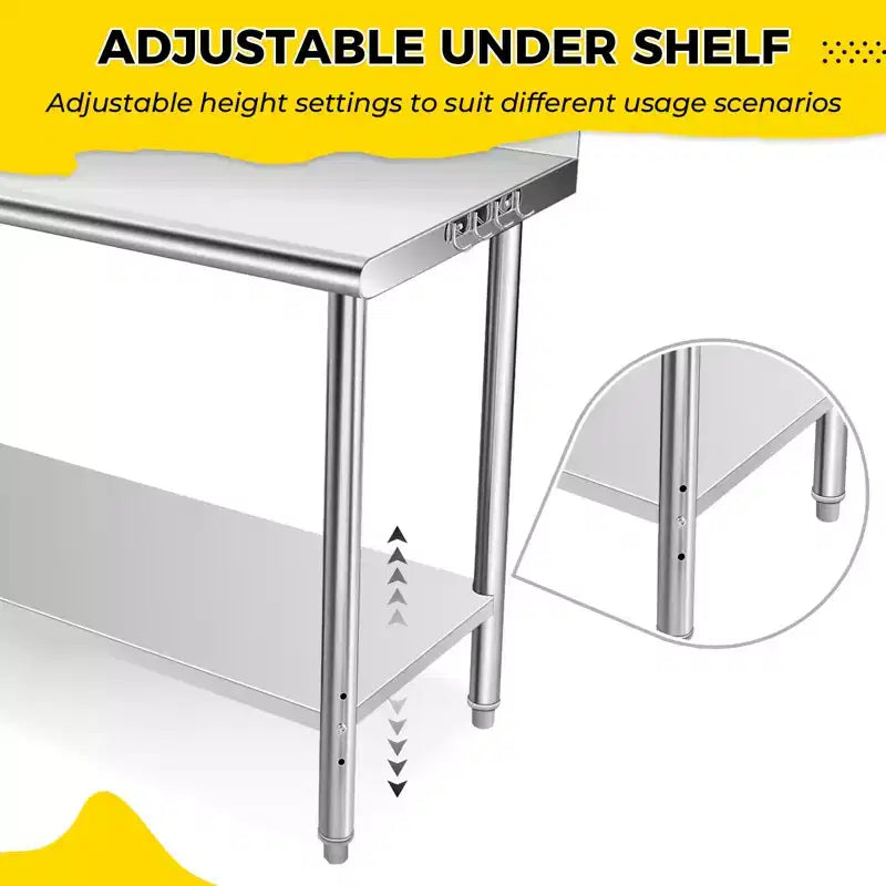 COZONY NSF Stainless Steel Table with Backsplash, Heavy Duty Commercial Kitchen Prep Table with Adjustable Under Shel