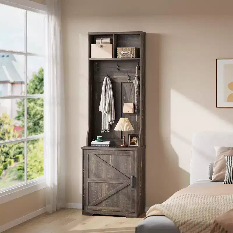 Tall Hall Tree with Shoe Storage, 77-Inch Dark Brown Mudroom Organizer with Coat Rack