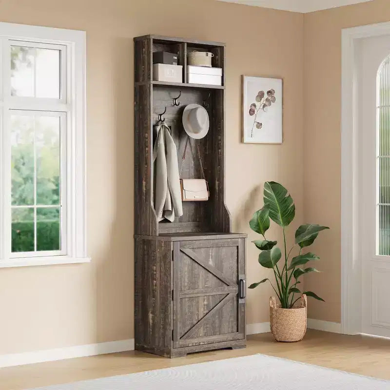 Tall Hall Tree with Shoe Storage, 77-Inch Dark Brown Mudroom Organizer with Coat Rack