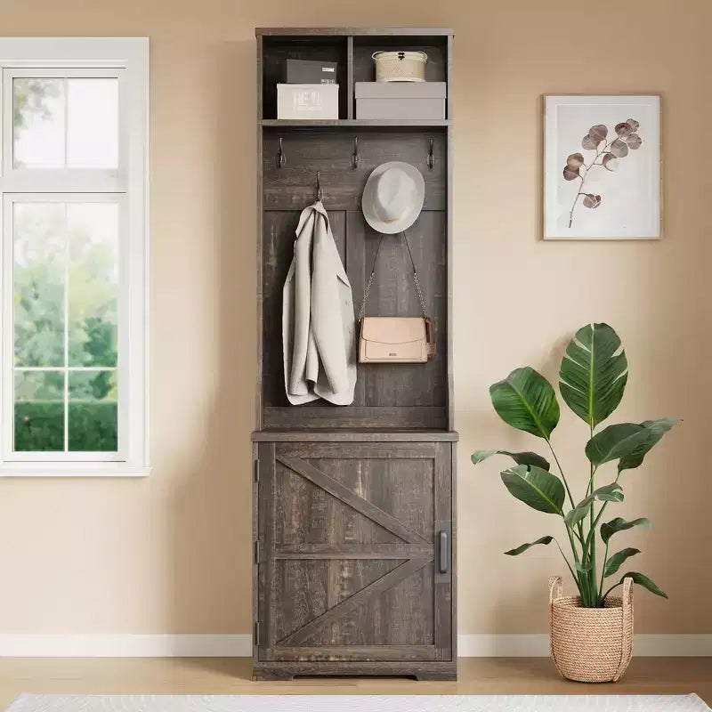 Tall Hall Tree with Shoe Storage, 77-Inch Dark Brown Mudroom Organizer with Coat Rack