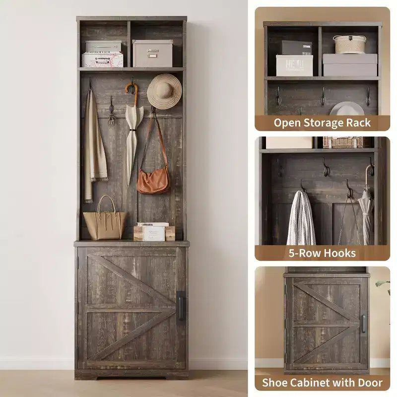 Tall Hall Tree with Shoe Storage, 77-Inch Dark Brown Mudroom Organizer with Coat Rack