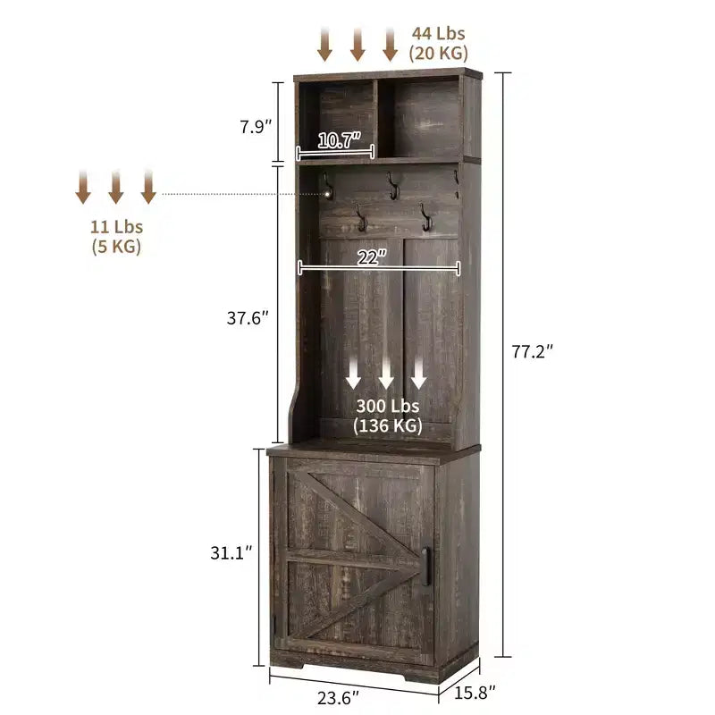 Tall Hall Tree with Shoe Storage, 77-Inch Dark Brown Mudroom Organizer with Coat Rack