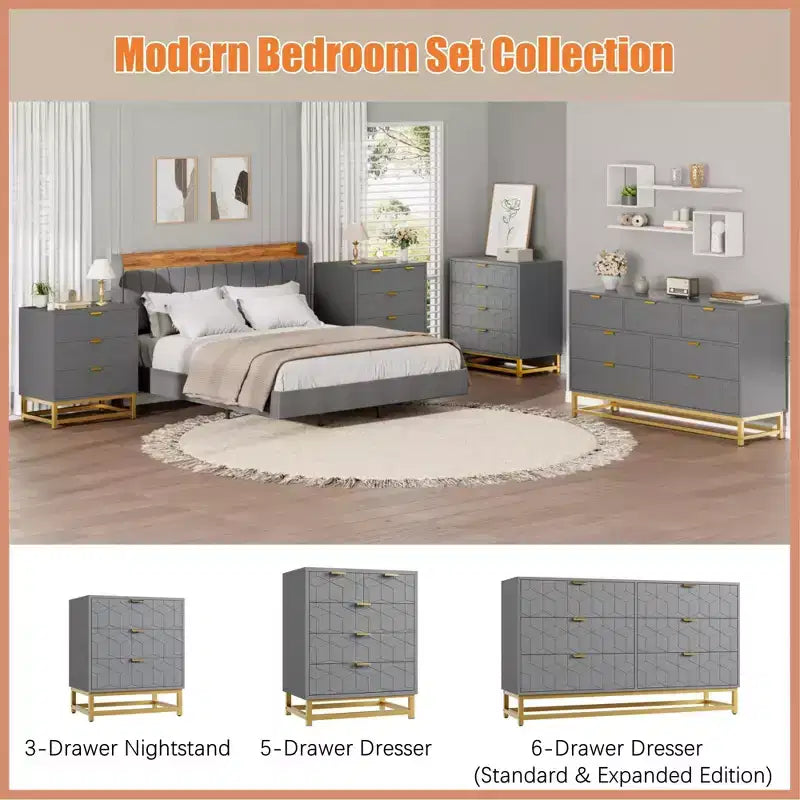 6-Drawer Dresser, Modern Wooden Bedroom Chest of Drawers With Storage Drawers, Farmhouse Style TV Stand for Living Room, Bedroom, Hallway