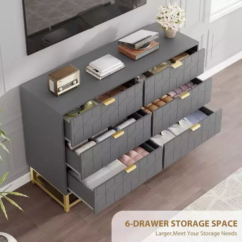 6-Drawer Dresser, Modern Wooden Bedroom Chest of Drawers With Storage Drawers, Farmhouse Style TV Stand for Living Room, Bedroom, Hallway