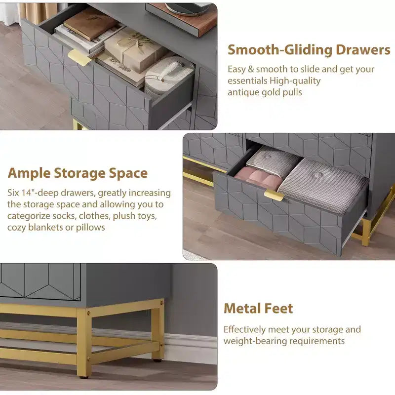 6-Drawer Dresser, Modern Wooden Bedroom Chest of Drawers With Storage Drawers, Farmhouse Style TV Stand for Living Room, Bedroom, Hallway