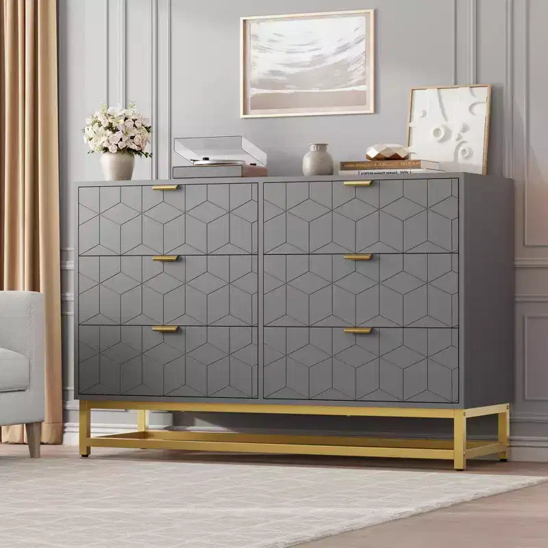 6-Drawer Dresser, Modern Wooden Bedroom Chest of Drawers With Storage Drawers, Farmhouse Style TV Stand for Living Room, Bedroom, Hallway