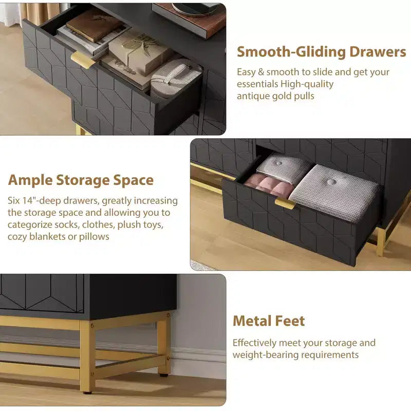 6-Drawer Dresser, Modern Wooden Bedroom Chest of Drawers With Storage Drawers, Farmhouse Style TV Stand for Living Room, Bedroom, Hallway