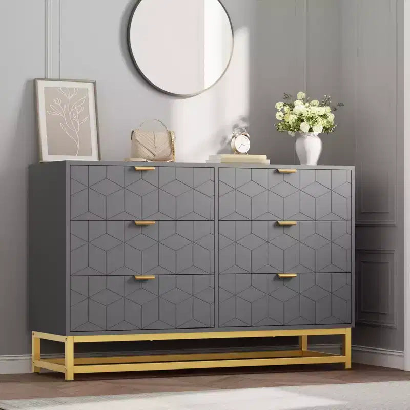 6-Drawer Dresser, Modern Wooden Bedroom Chest of Drawers With Storage Drawers, Farmhouse Style TV Stand for Living Room, Bedroom, Hallway