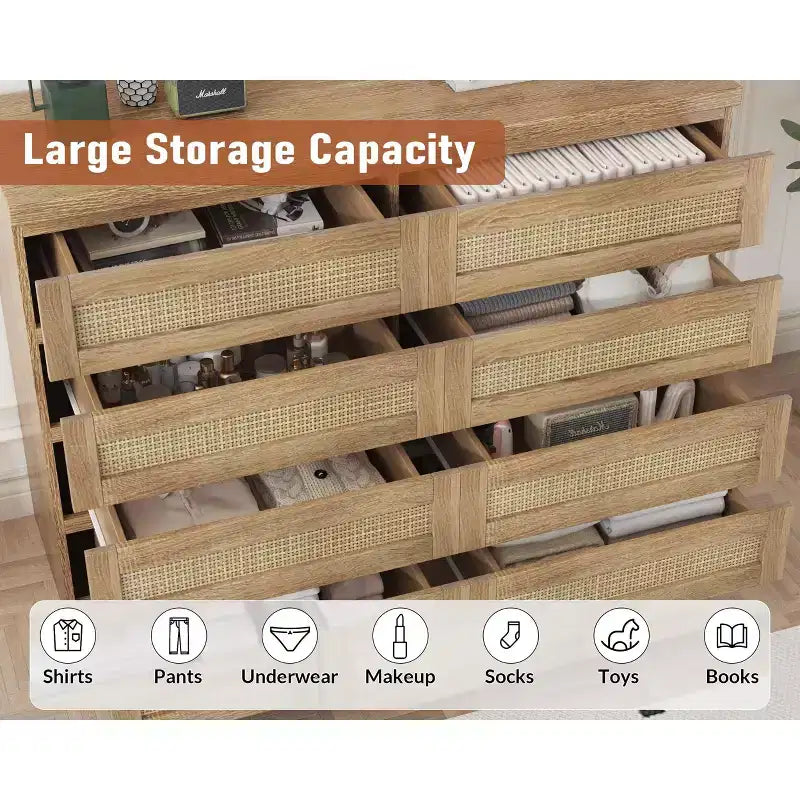 Rattan Dresser for Bedroom, Modern 8 Drawer Wooden Dresser Chest, Wide Wood Beside Table for Closet, Nursery, Living Room and Entryway
