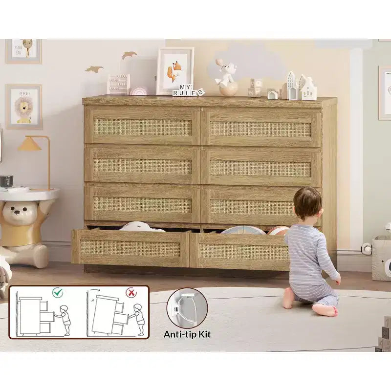 Rattan Dresser for Bedroom, Modern 8 Drawer Wooden Dresser Chest, Wide Wood Beside Table for Closet, Nursery, Living Room and Entryway