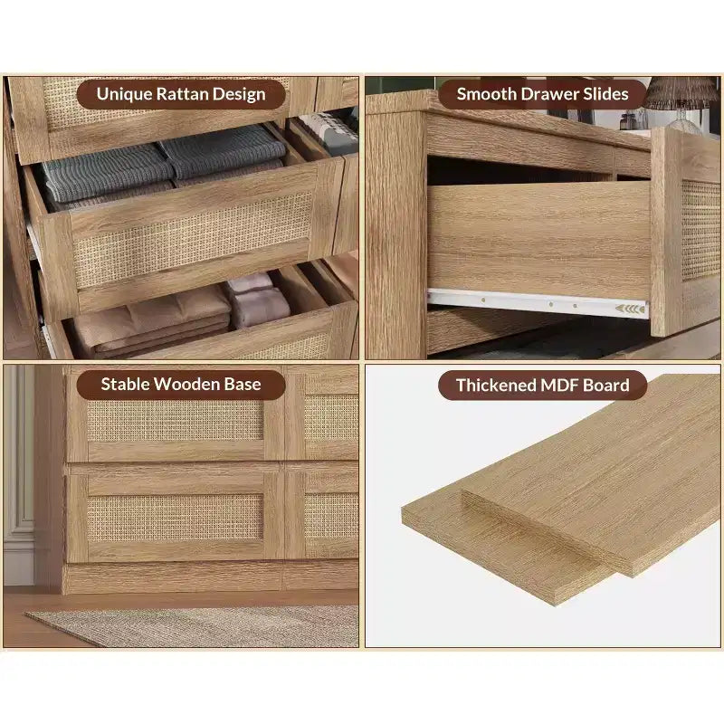 Rattan Dresser for Bedroom, Modern 8 Drawer Wooden Dresser Chest, Wide Wood Beside Table for Closet, Nursery, Living Room and Entryway