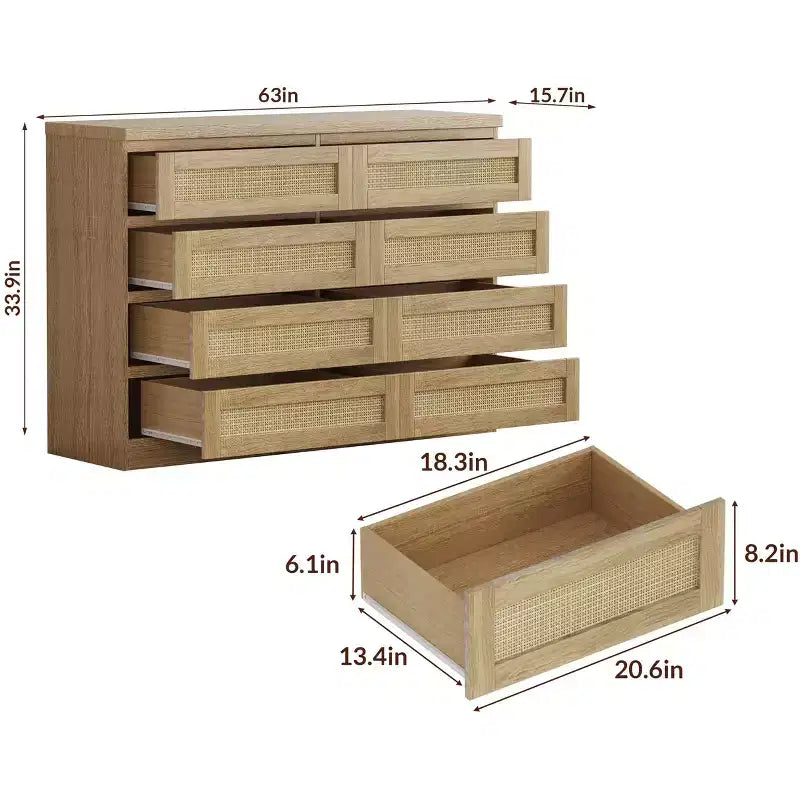 Rattan Dresser for Bedroom, Modern 8 Drawer Wooden Dresser Chest, Wide Wood Beside Table for Closet, Nursery, Living Room and Entryway