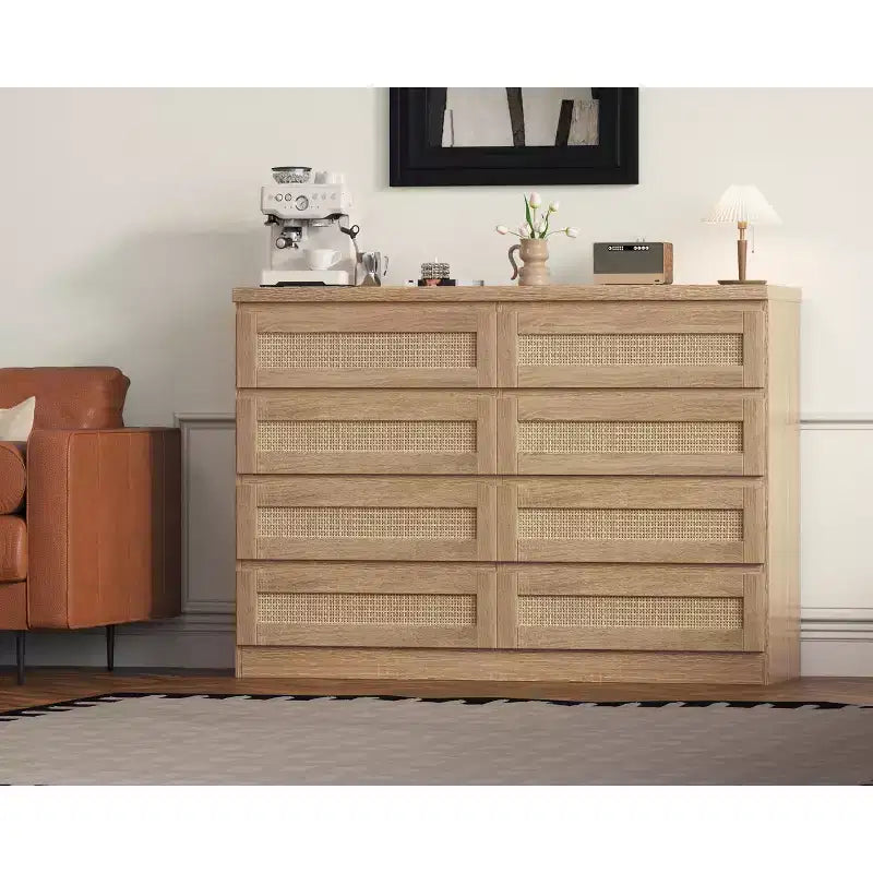 Rattan Dresser for Bedroom, Modern 8 Drawer Wooden Dresser Chest, Wide Wood Beside Table for Closet, Nursery, Living Room and Entryway