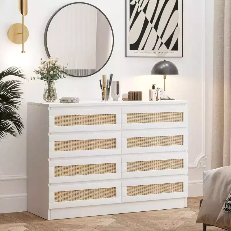 Rattan Dresser for Bedroom, Modern 8 Drawer Wooden Dresser Chest, Wide Wood Beside Table for Closet, Nursery, Living Room and Entryway