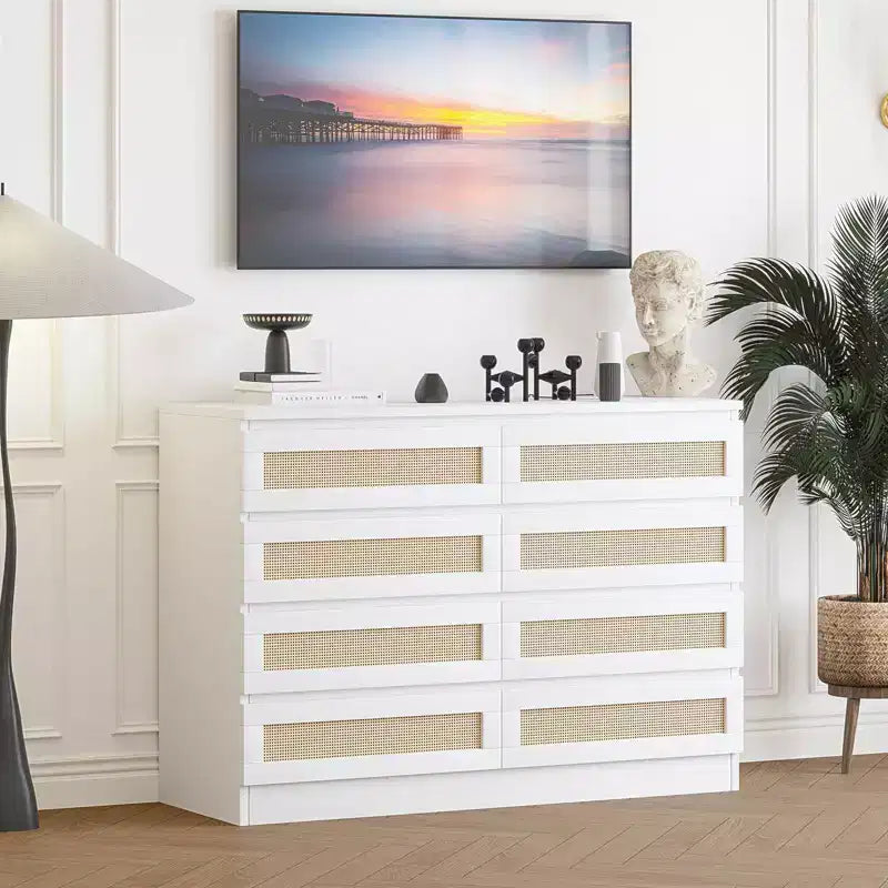 Rattan Dresser for Bedroom, Modern 8 Drawer Wooden Dresser Chest, Wide Wood Beside Table for Closet, Nursery, Living Room and Entryway