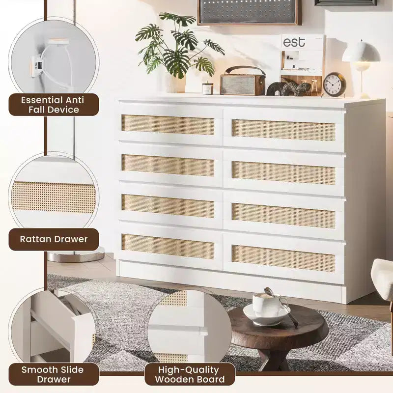 Rattan Dresser for Bedroom, Modern 8 Drawer Wooden Dresser Chest, Wide Wood Beside Table for Closet, Nursery, Living Room and Entryway
