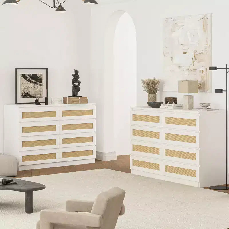 Rattan Dresser for Bedroom, Modern 8 Drawer Wooden Dresser Chest, Wide Wood Beside Table for Closet, Nursery, Living Room and Entryway