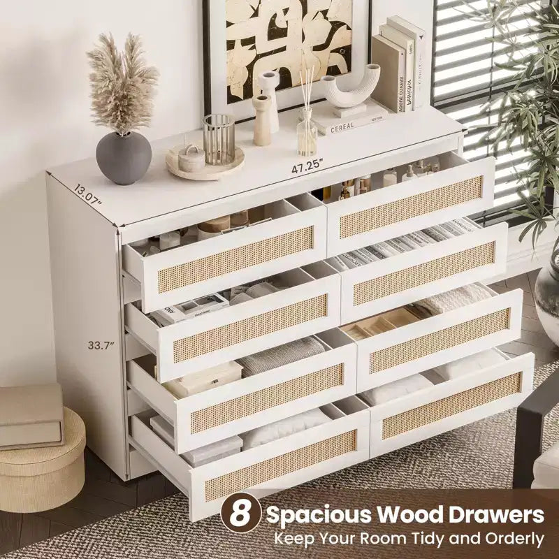Rattan Dresser for Bedroom, Modern 8 Drawer Wooden Dresser Chest, Wide Wood Beside Table for Closet, Nursery, Living Room and Entryway
