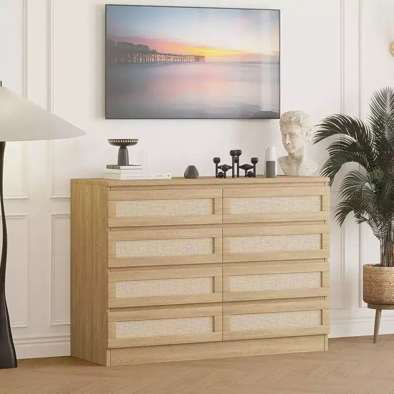 Rattan Dresser for Bedroom, Modern 8 Drawer Wooden Dresser Chest, Wide Wood Beside Table for Closet, Nursery, Living Room and Entryway